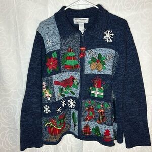 TIARA INTERNATIONAL Vintage Christmas Collection Blue full zip sweater. Size XL.